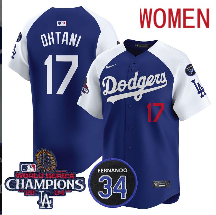 Women MLB Los Angeles Dodgers #17 Ohtani blue 2024 World Series Champions Patch Limited Jersey